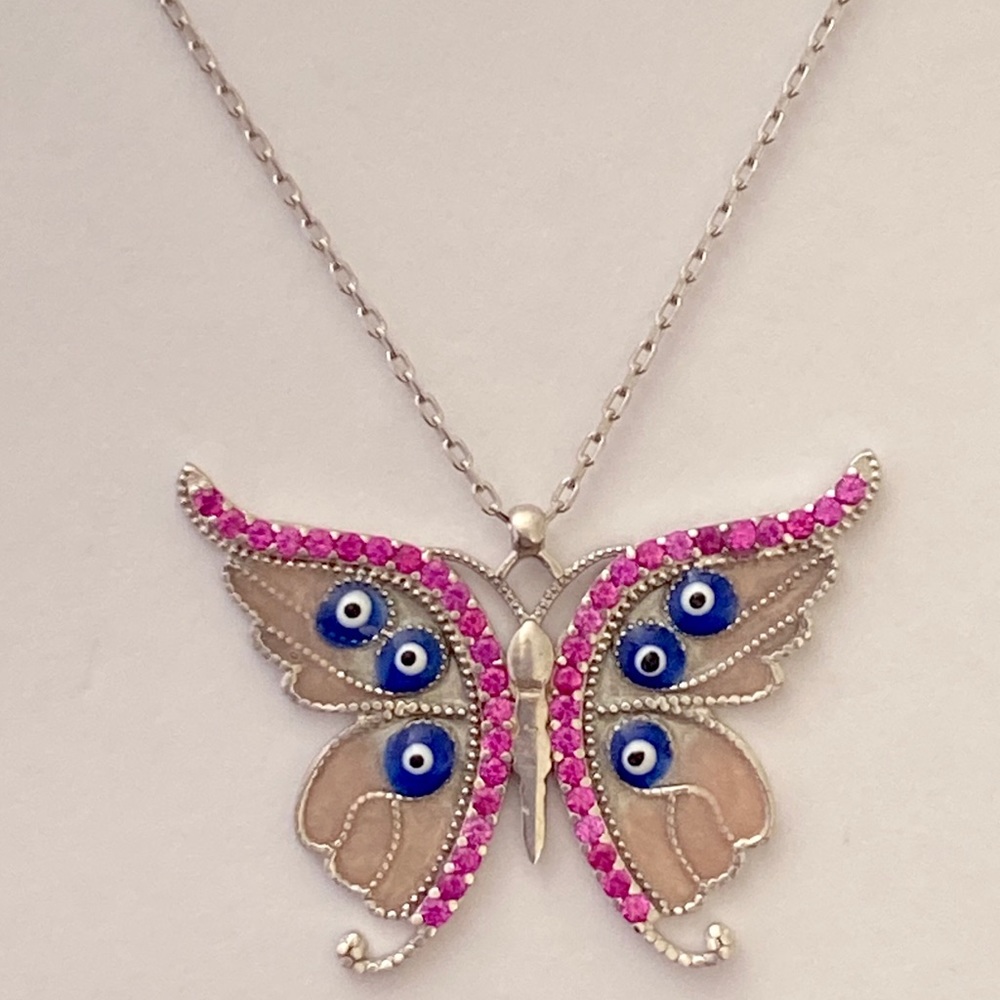 925 Silver pink butterfly evil eyes necklace